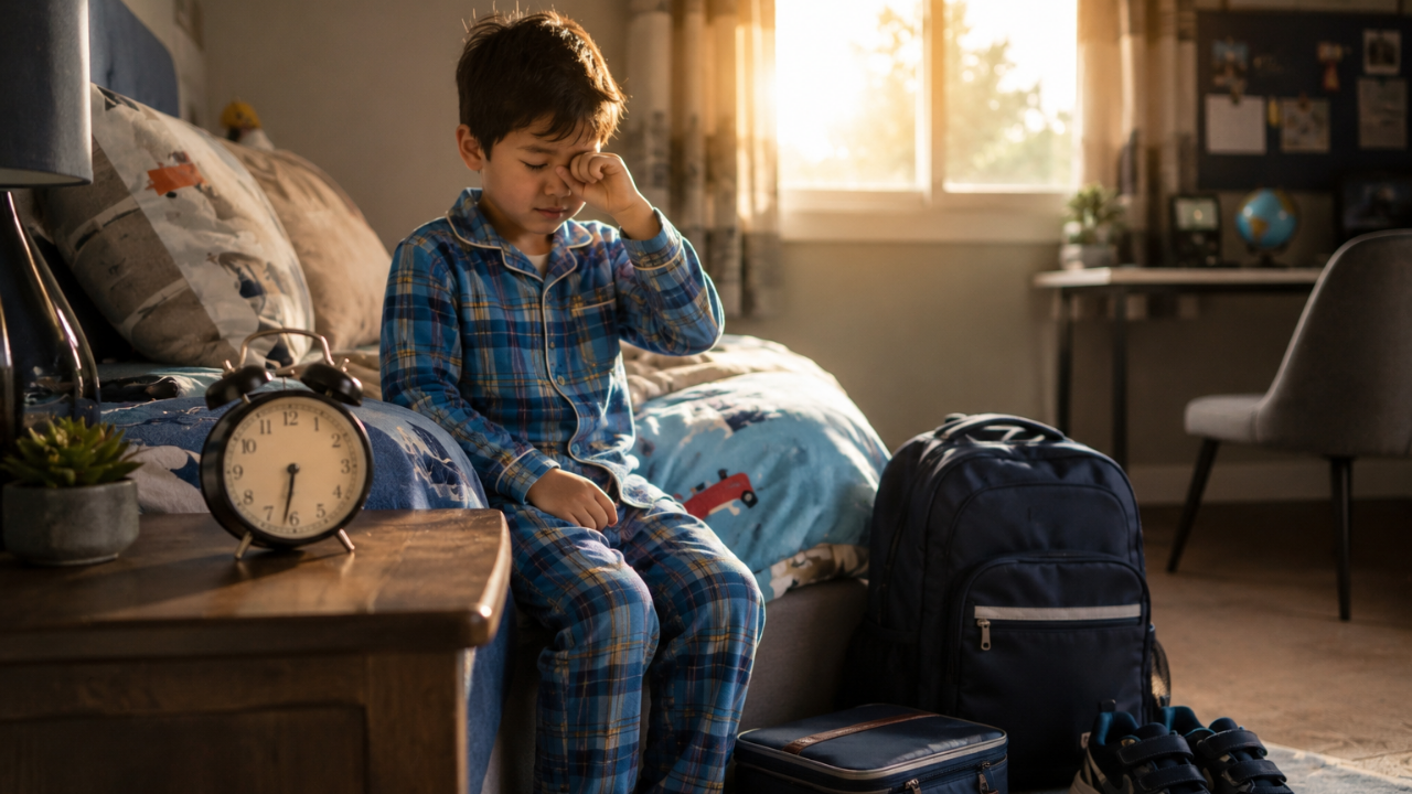 School child waking up early for the first day of school.