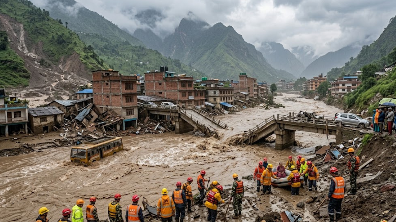 Nepal flash flood 2026 - flood damage along the Bhote Koshi River in Rasuwa district